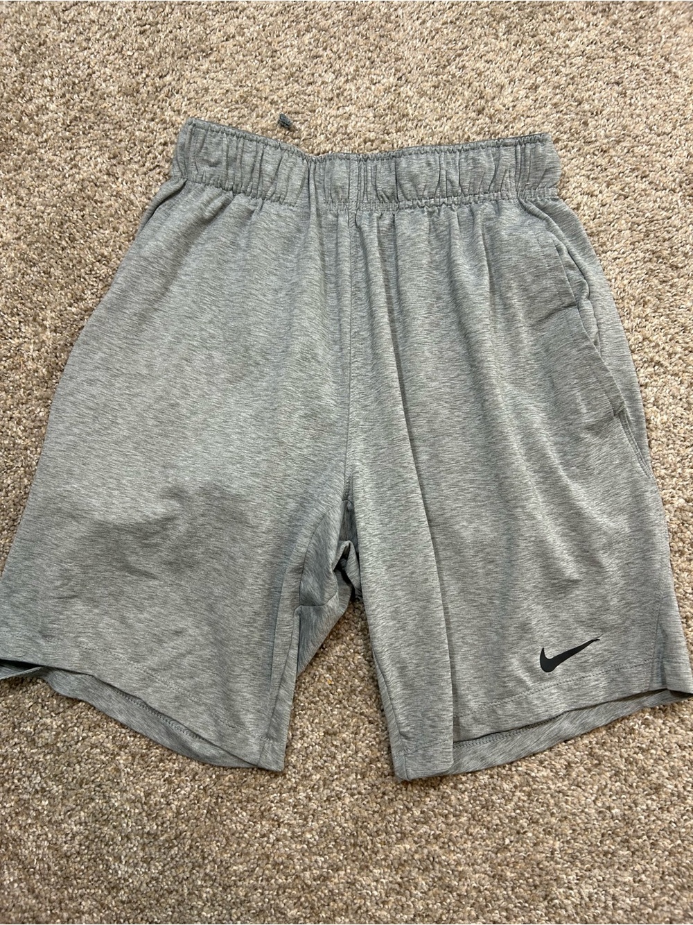 Nike Men's Light Gray Athletic Shorts with Black Swoosh